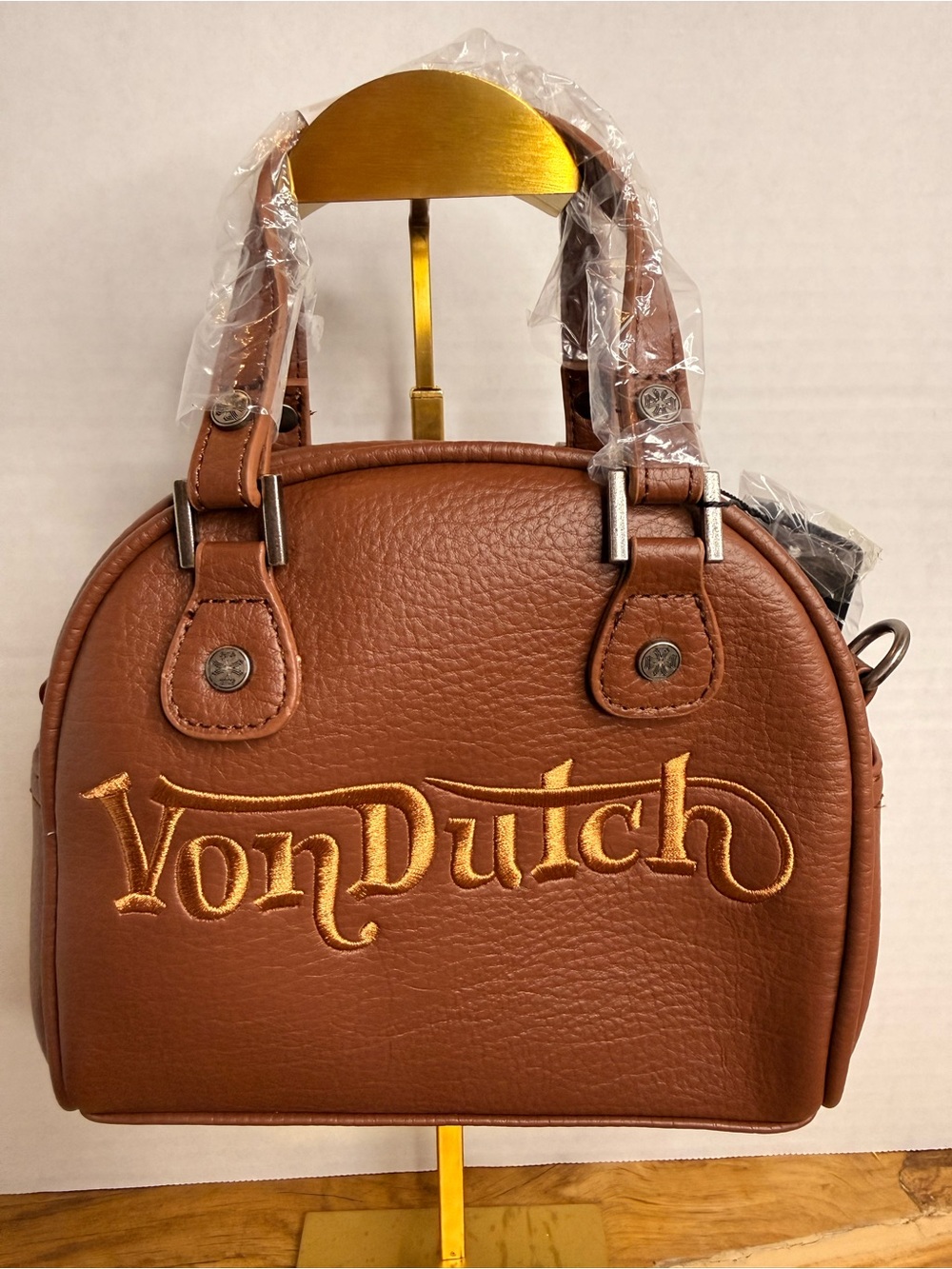Von Dutch Brown Bowling Bag NWT Crossbody Satchel Y2K Revival Embroidered Logo